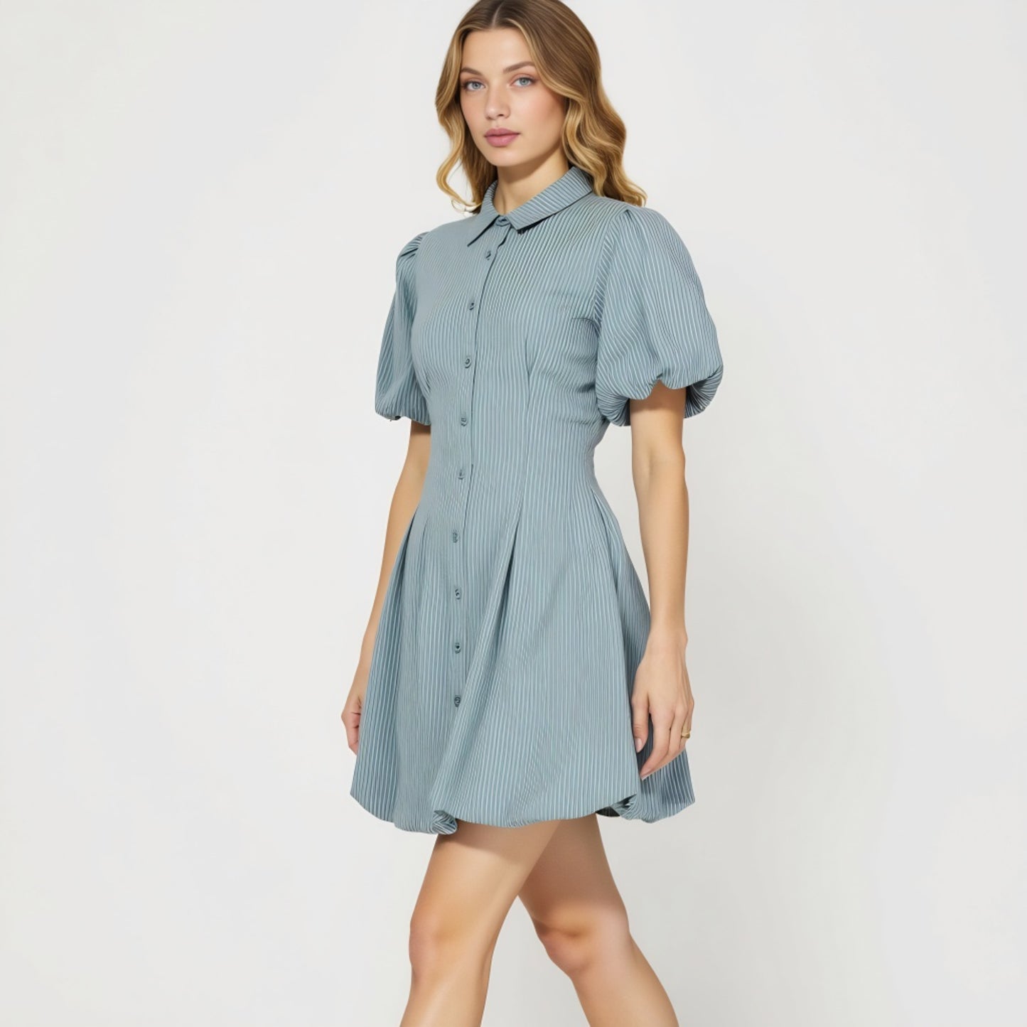 Striped Puff Sleeve Shirt Dress with Button Front and Pleated Skirt