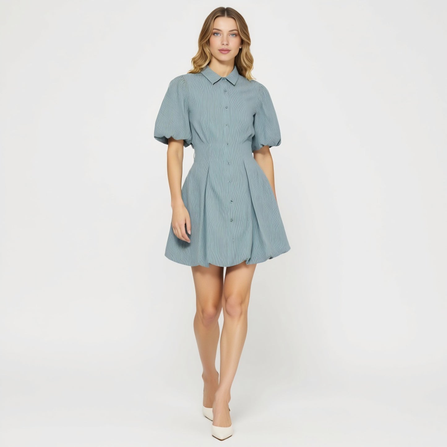 Striped Puff Sleeve Shirt Dress with Button Front and Pleated Skirt