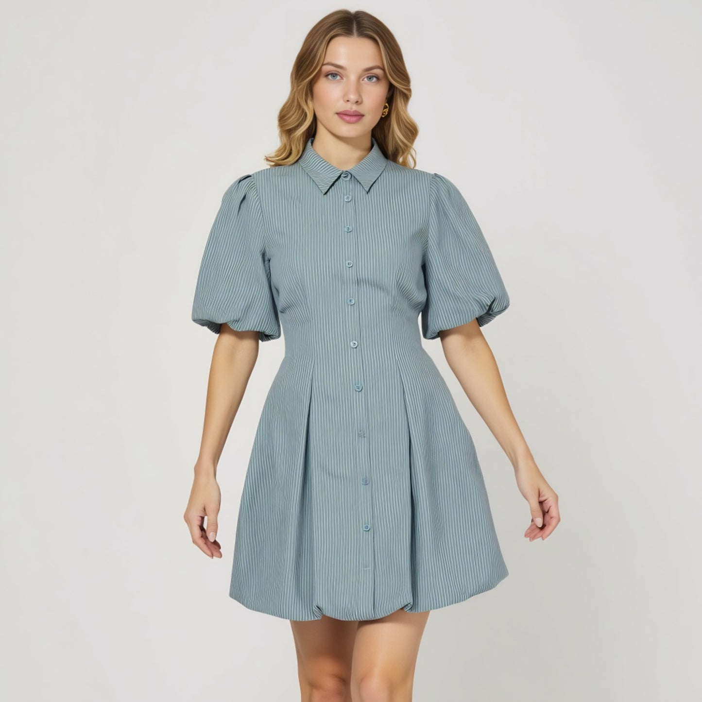 Striped Puff Sleeve Shirt Dress with Button Front and Pleated Skirt