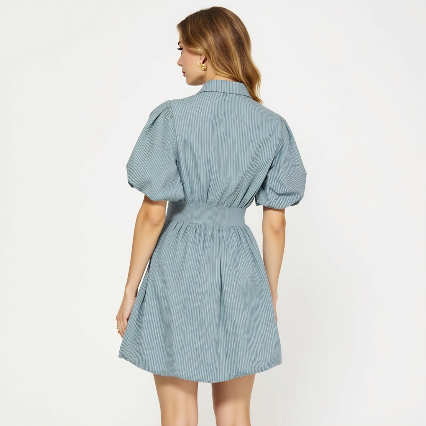 Striped Puff Sleeve Shirt Dress with Button Front and Pleated Skirt