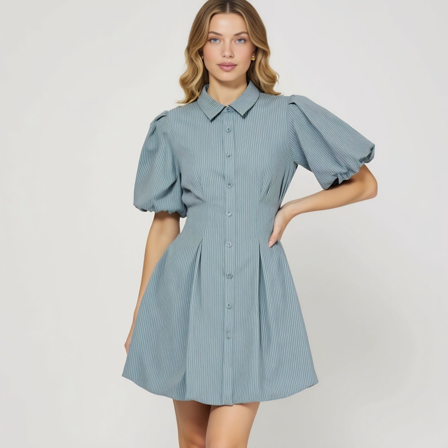 Striped Puff Sleeve Shirt Dress with Button Front and Pleated Skirt