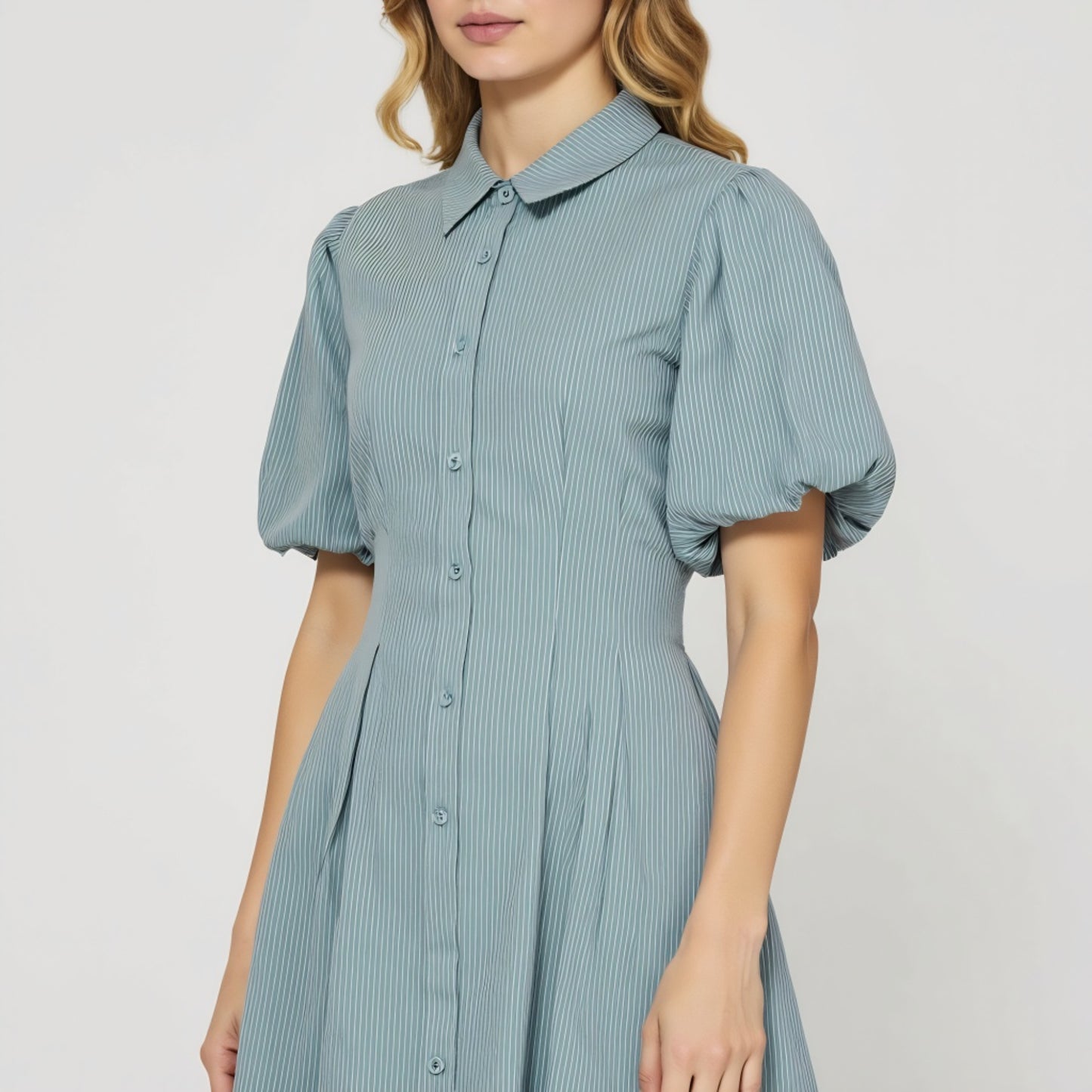 Striped Puff Sleeve Shirt Dress with Button Front and Pleated Skirt