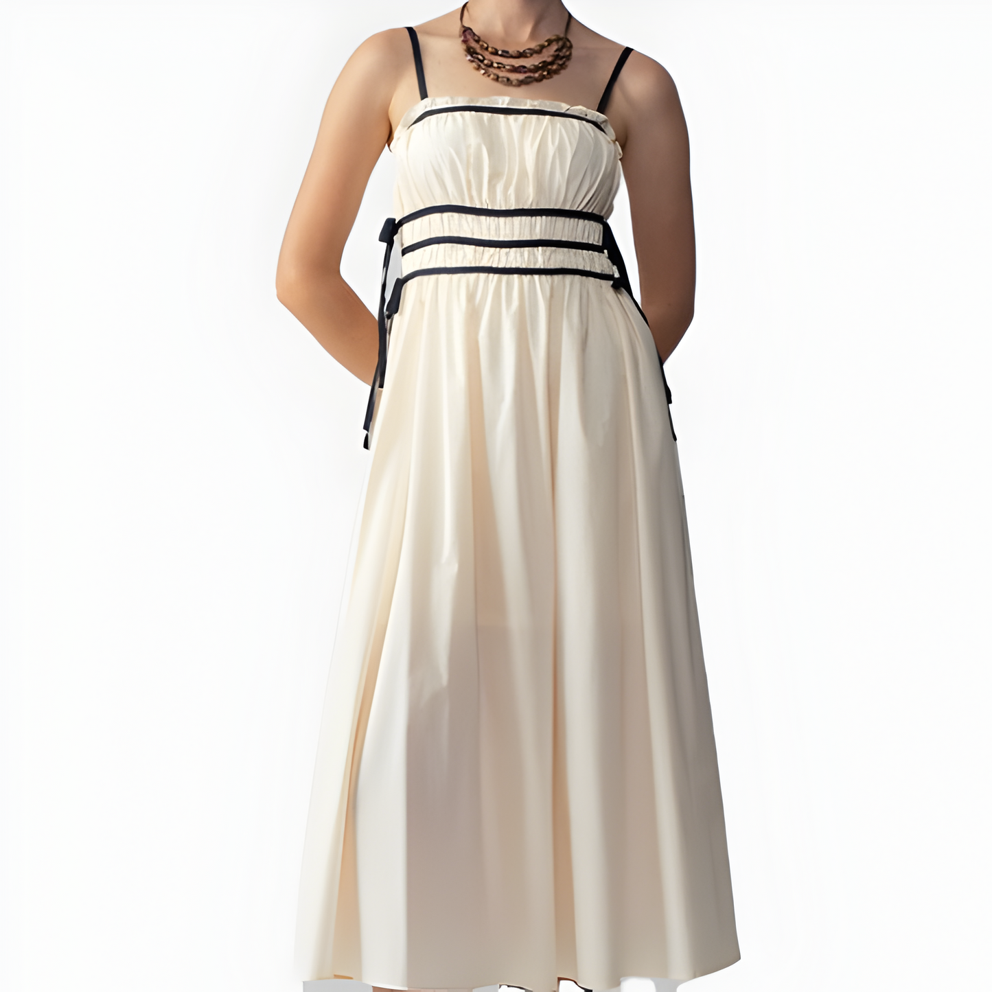 Smocked Waist Midi Dress with Contrast Trim and Spaghetti Straps