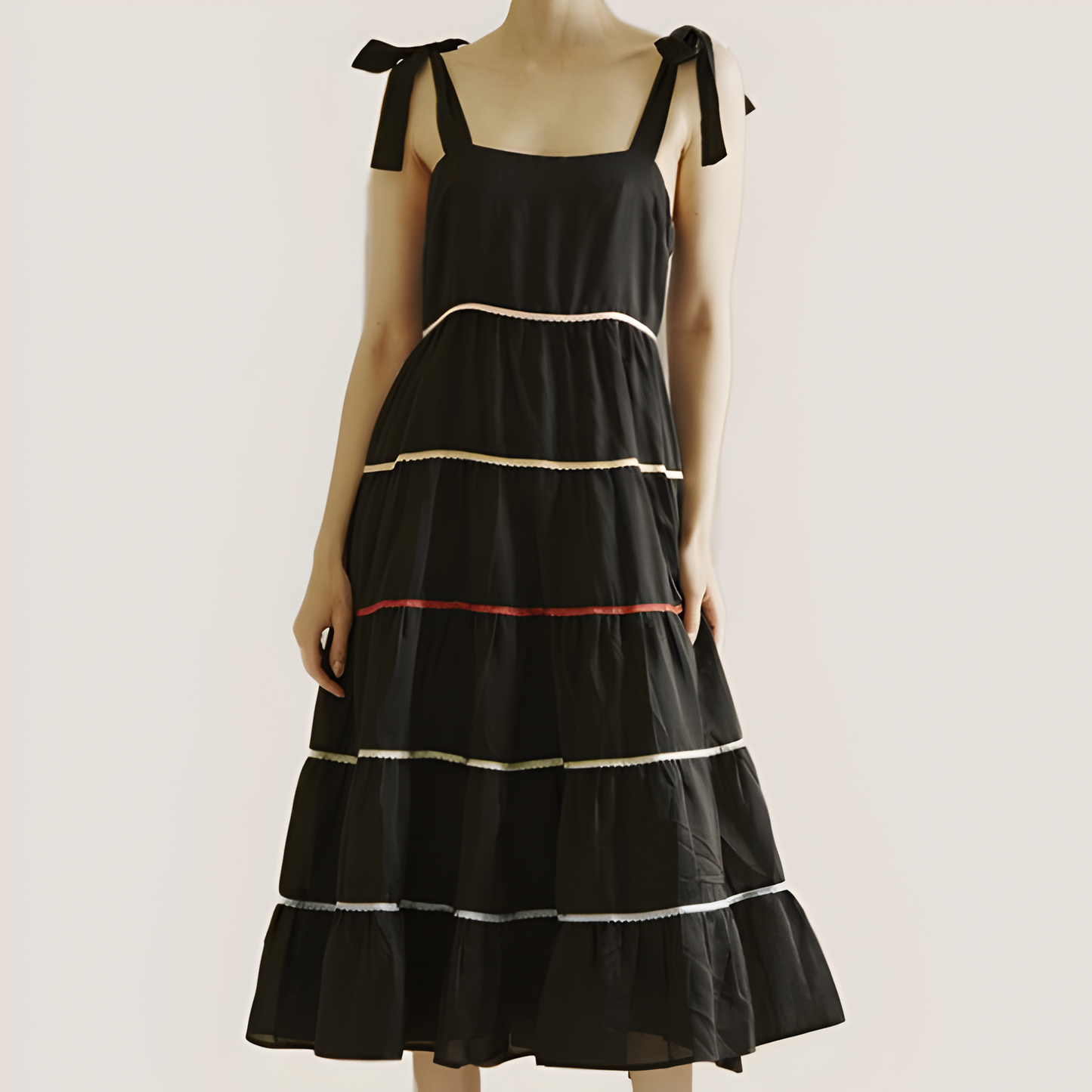 Tiered Midi Dress with Contrast Stitching and Tie Shoulder Straps