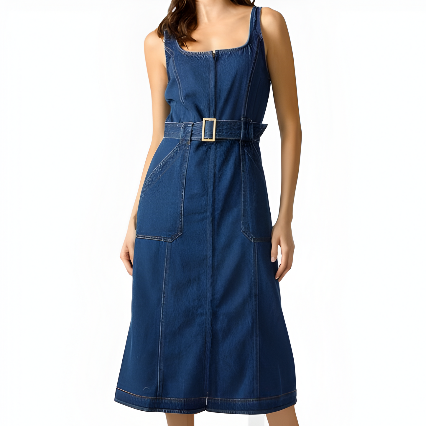 Denim Midi Dress with Square Neckline, Front Zip and Belted Waist