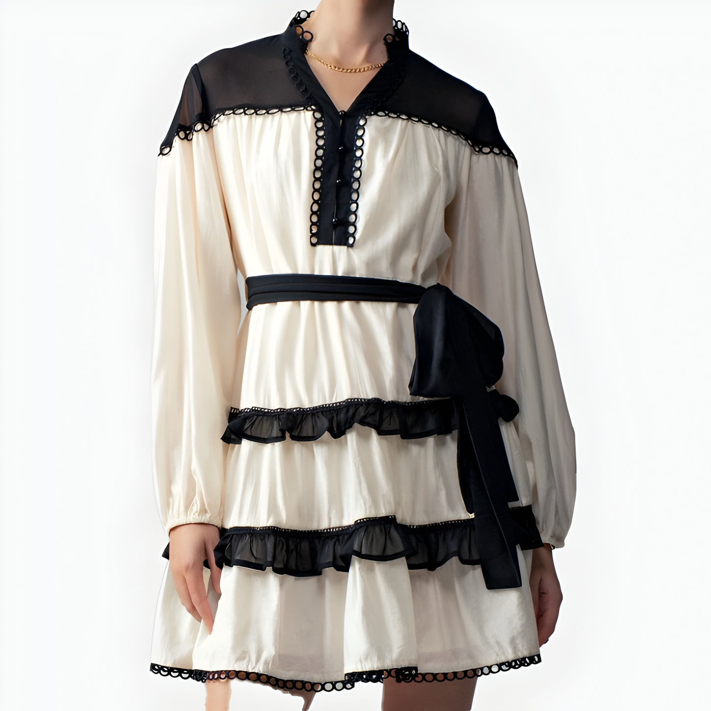 Contrast Trim Mini Dress with Sheer Yoke, Tiered Skirt and Waist Tie