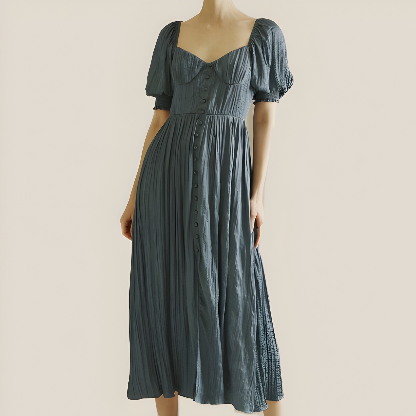 Puff Sleeve Midi Dress with Sweetheart Neckline and Button Front