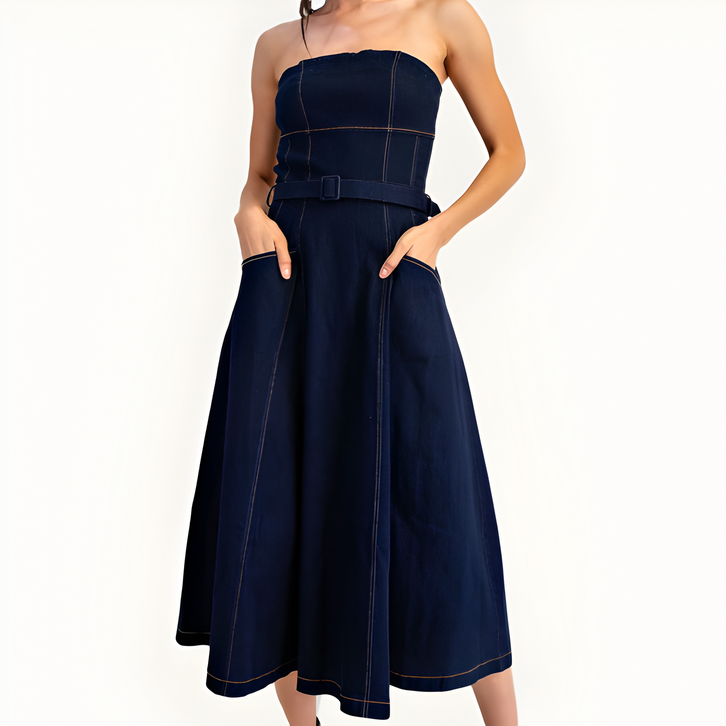 Strapless Denim Midi Dress with Belted Waist, Contrast Stitching and Pockets