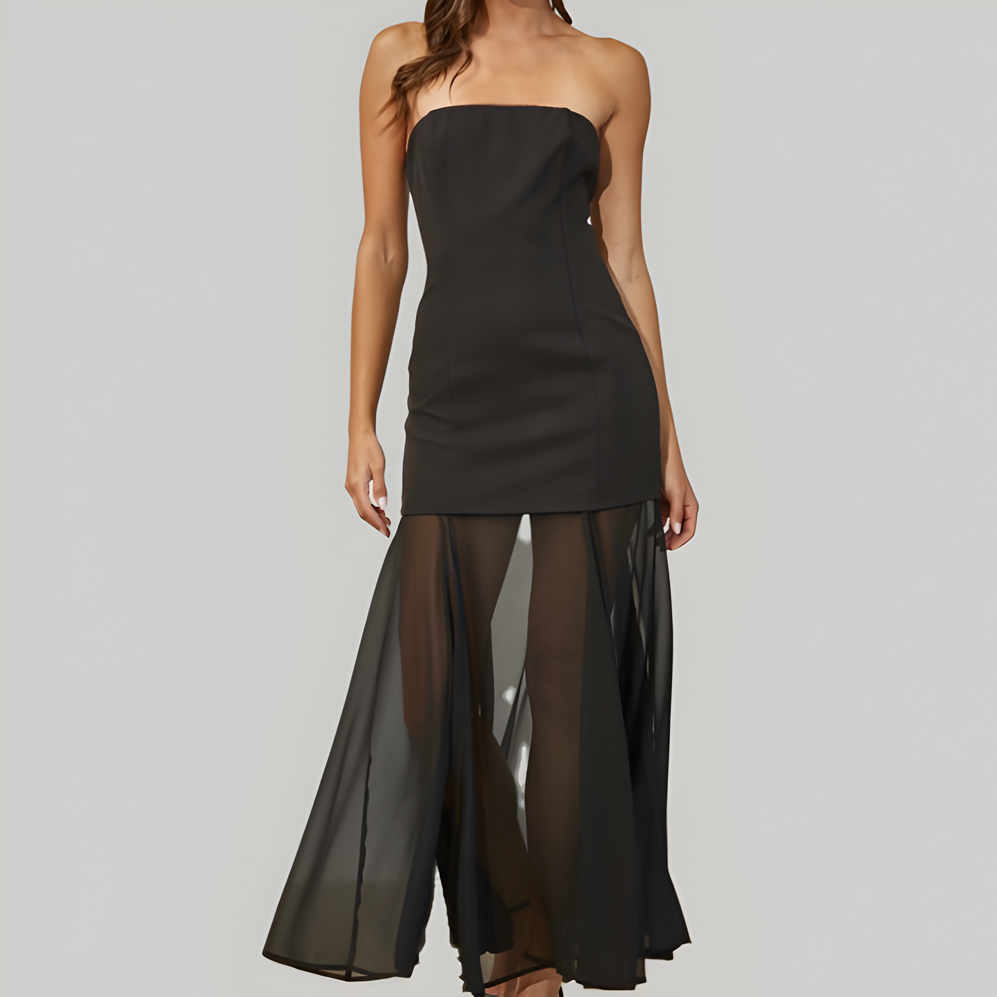 Strapless Bodycon Dress with Sheer Flared Hem and Side Slit Detail