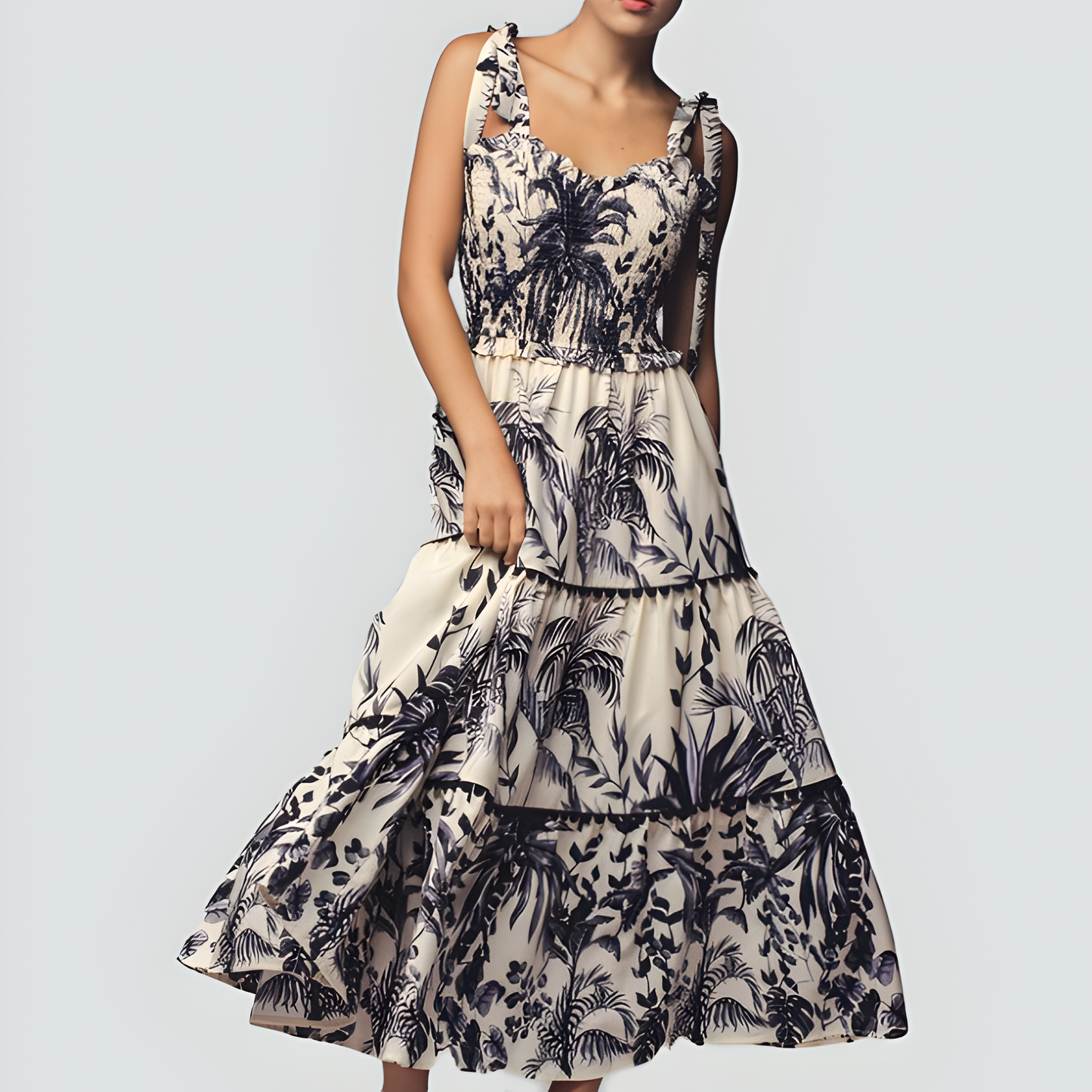Tropical Print Tiered Midi Dress with Pom Trim and Smocked Bodice