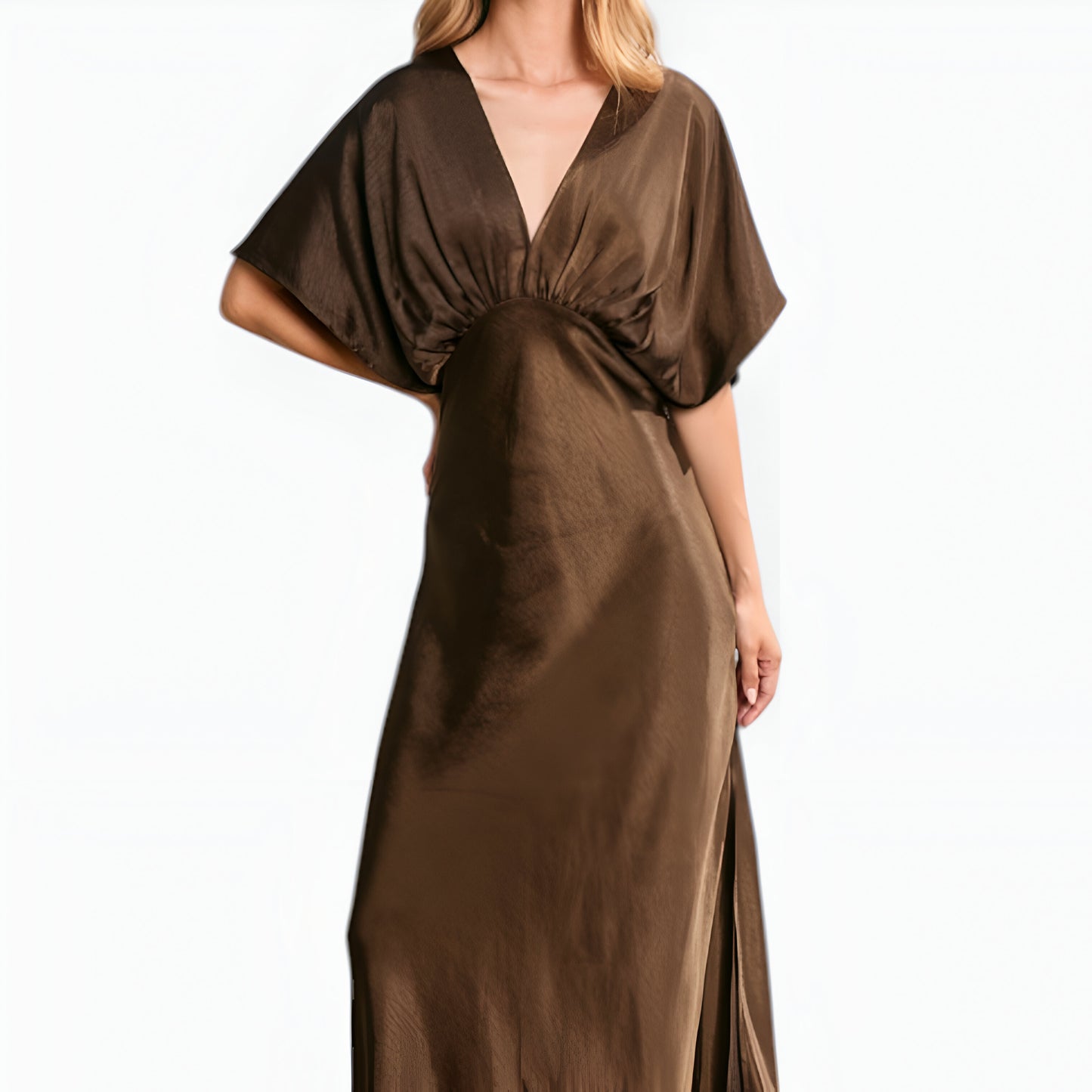 V-Neck Maxi Dress with Gathered Empire Waist and Flutter Sleeves