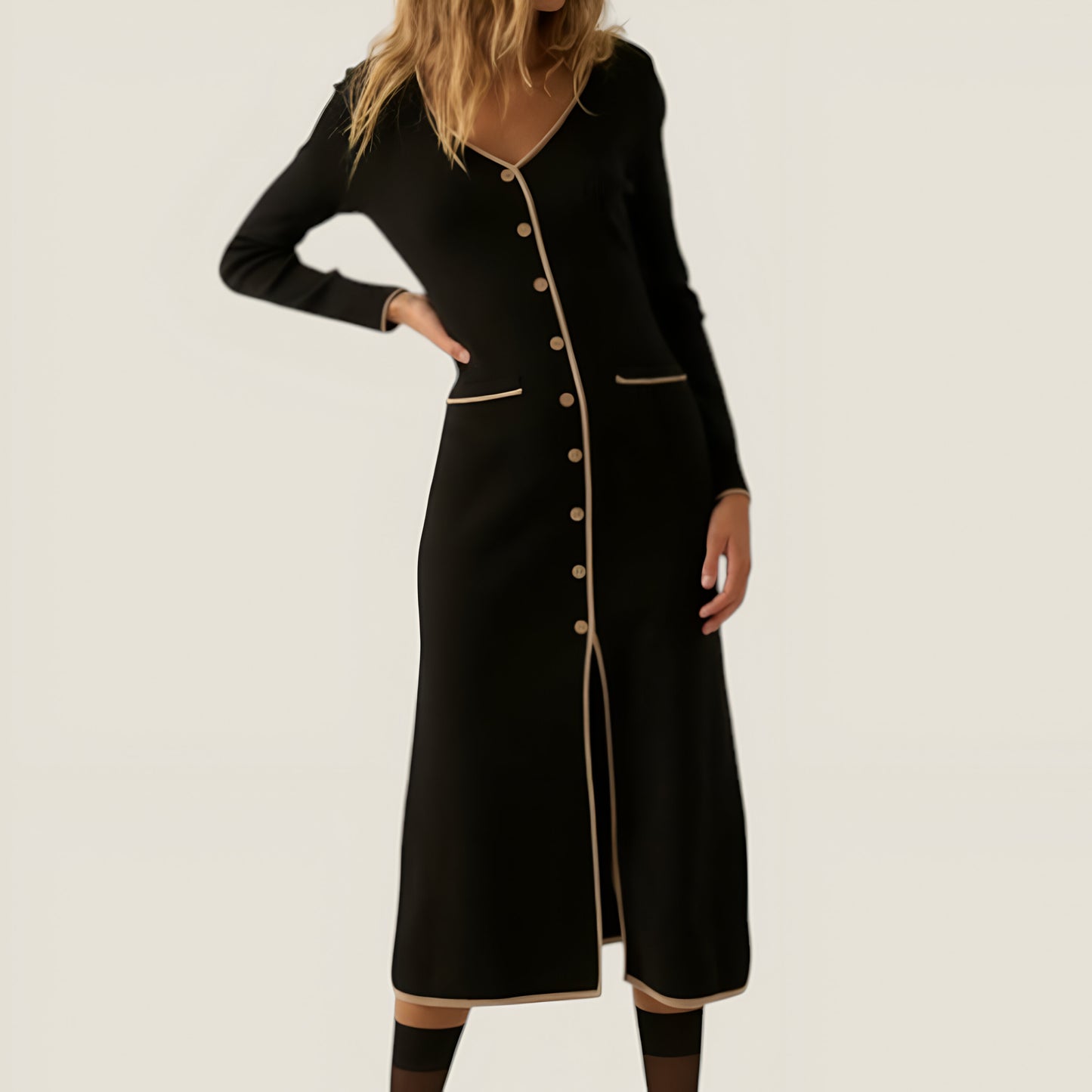 Ribbed Knit Midi Dress with Contrast Trim, Decorative Buttons and Front Slit