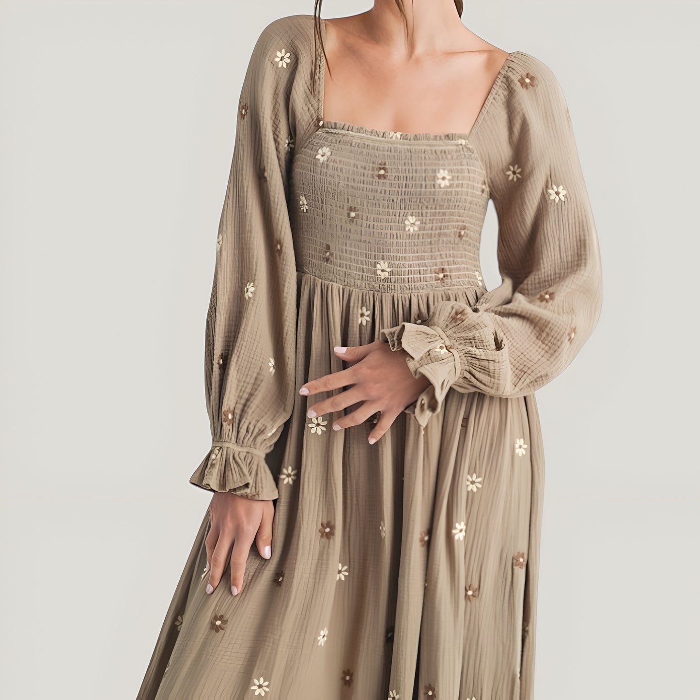 Floral-Embroidered Smocked Maxi Dress with Tiered Skirt and Open Back