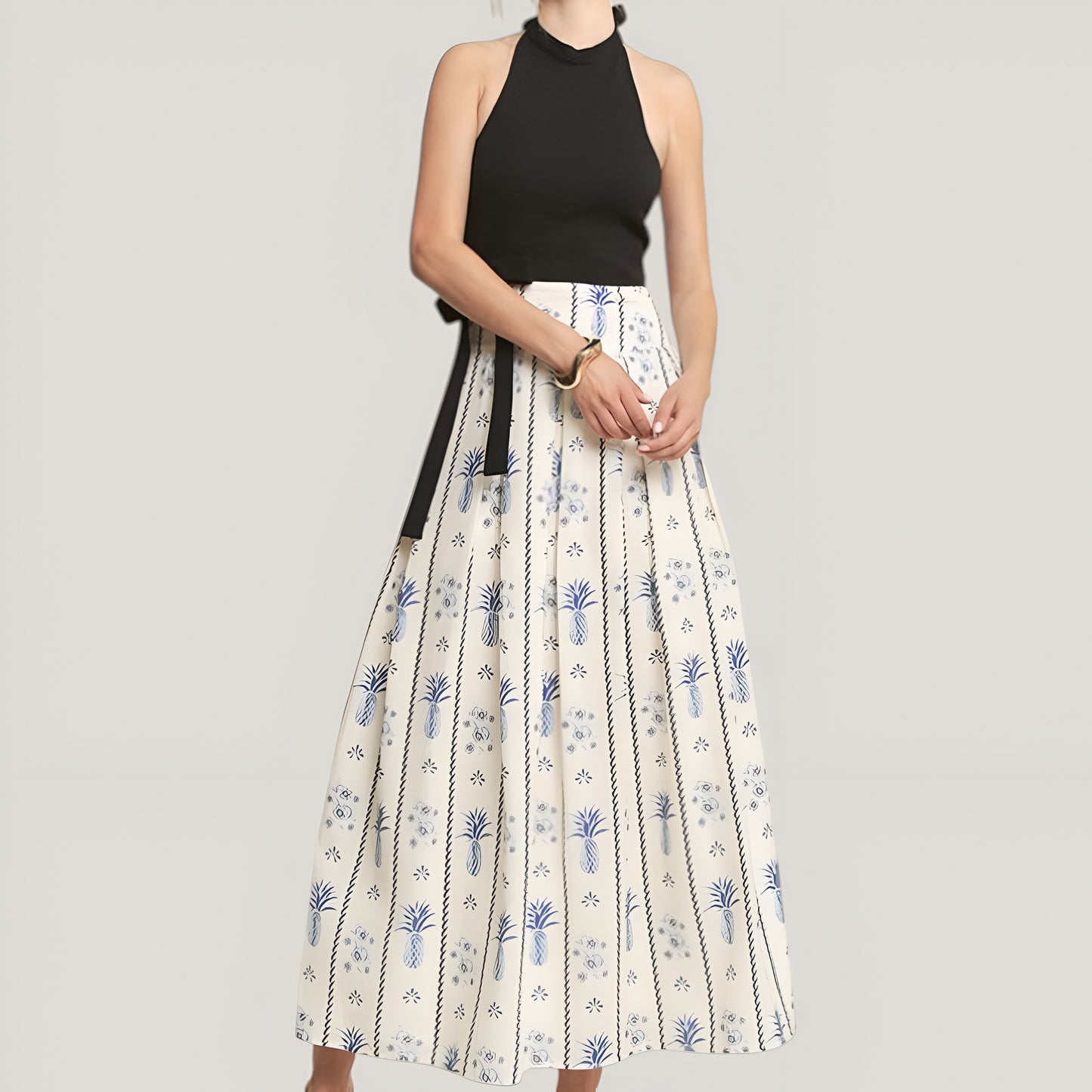 Halter Rib-Knit Bodice and Printed Pleated Skirt Maxi Dress with Side Tie