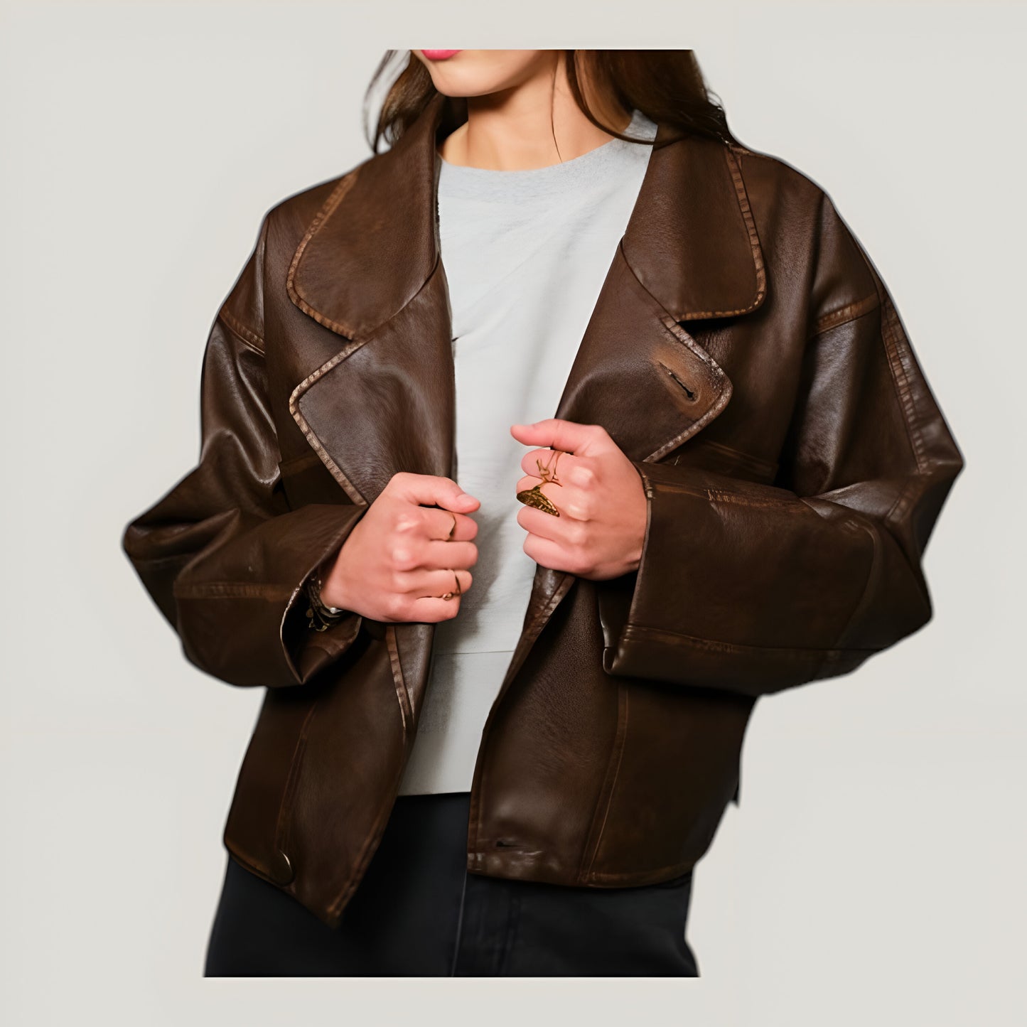 Faux Leather Cropped Jacket with Notched Lapels and Single-Breasted Closure