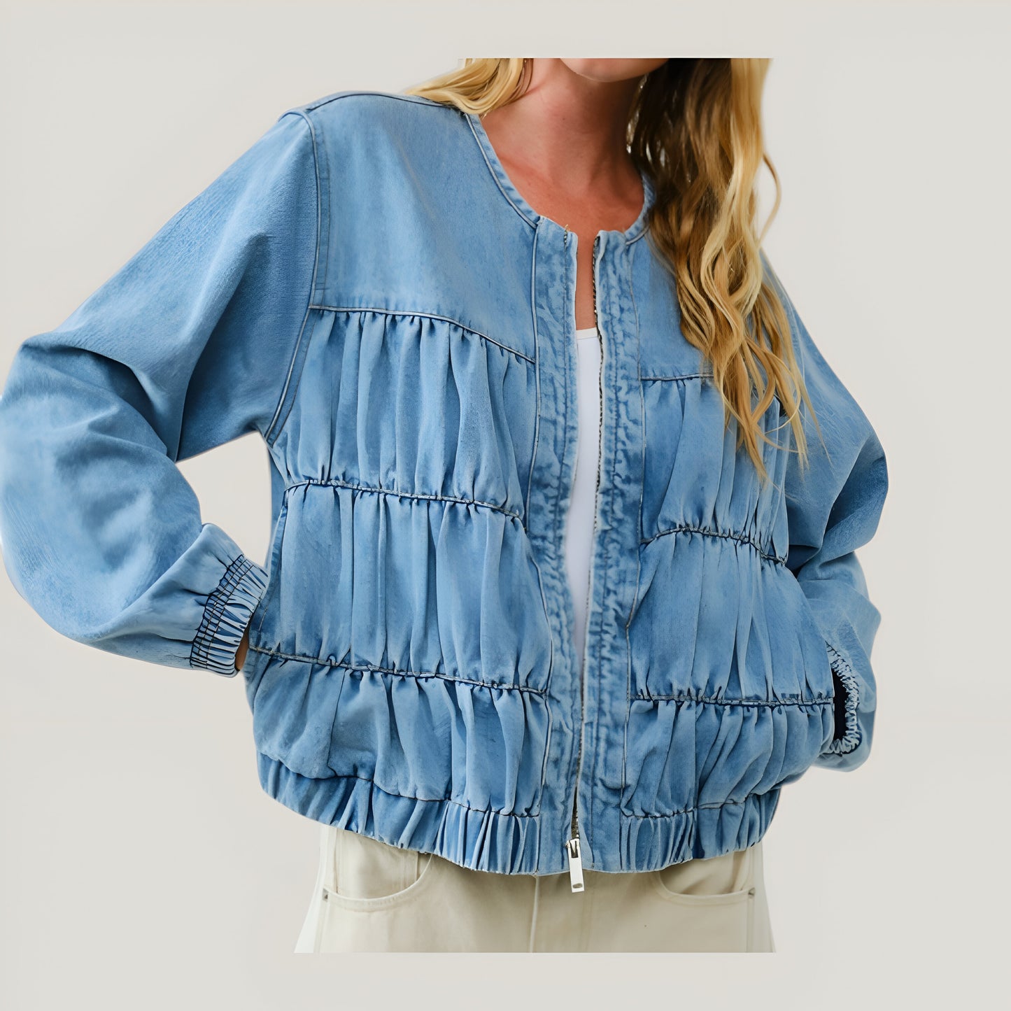 Denim Long Sleeve Jacket with Tiered Front Panels and Elastic Hem