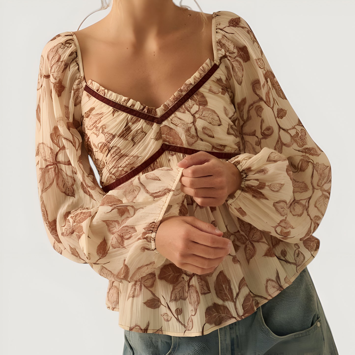 Long Sleeve Floral Print Peplum Top with Velvet Trim Detail