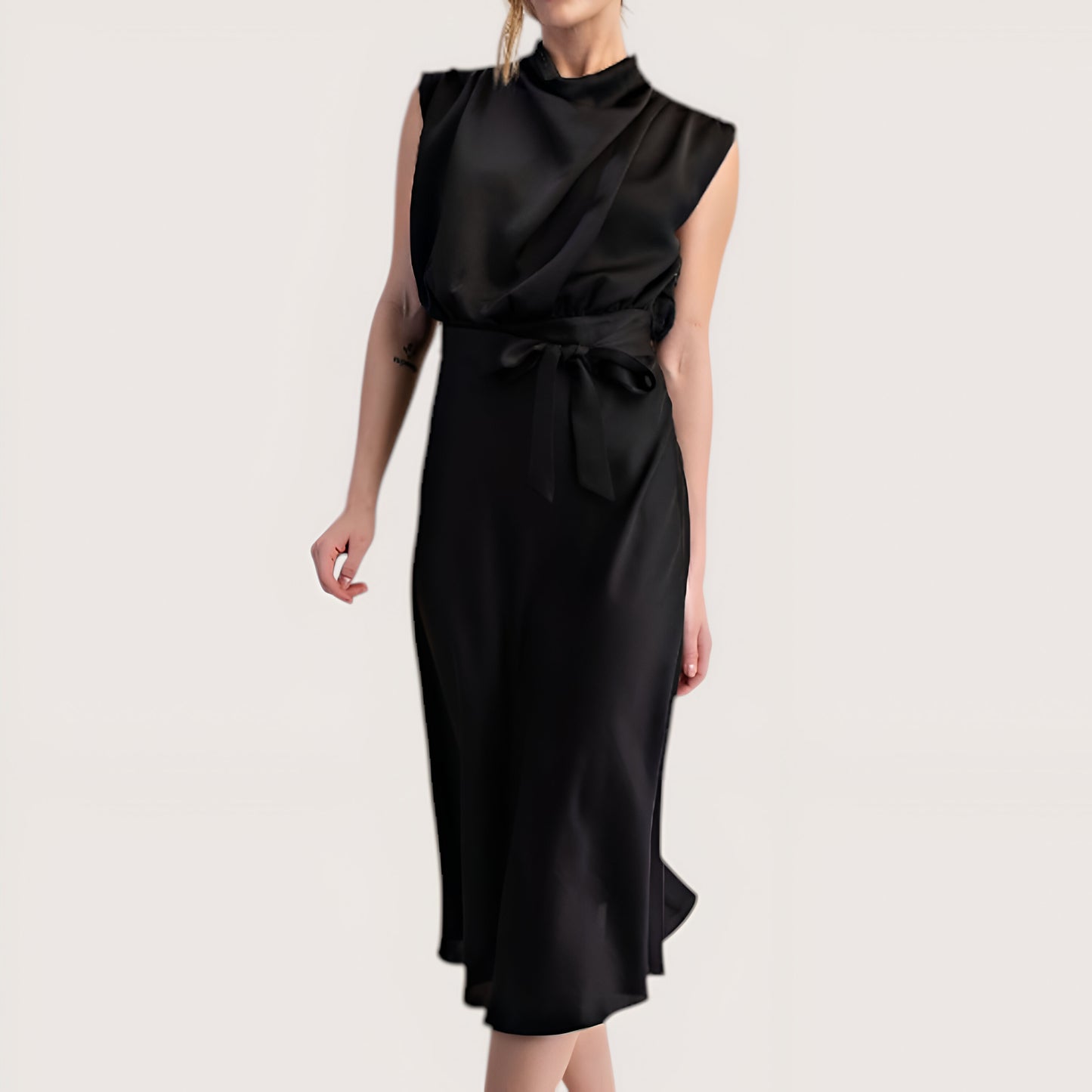Sleeveless Mock Neck Midi Dress with Waist Tie and Flared Hem
