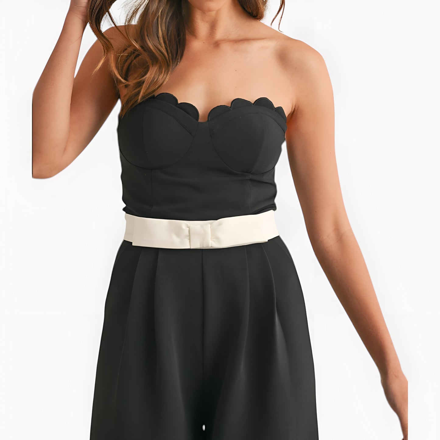 Strapless Jumpsuit with Scalloped Bodice, White Waist Belt and Wide-Leg Pants
