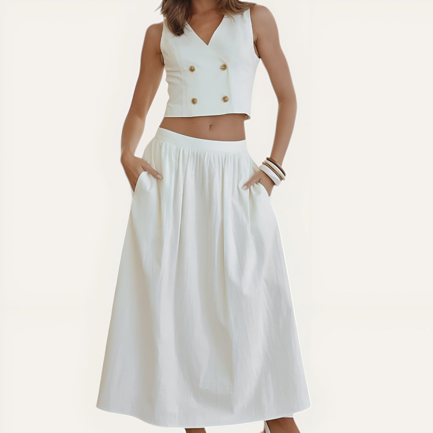 Cropped Double-Breasted Vest Top and Elastic Waist Maxi Skirt Set