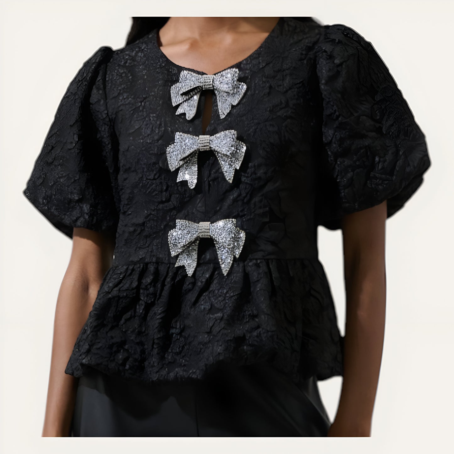 Jacquard Puff Sleeve Peplum Top with Crystal Bow Embellishments