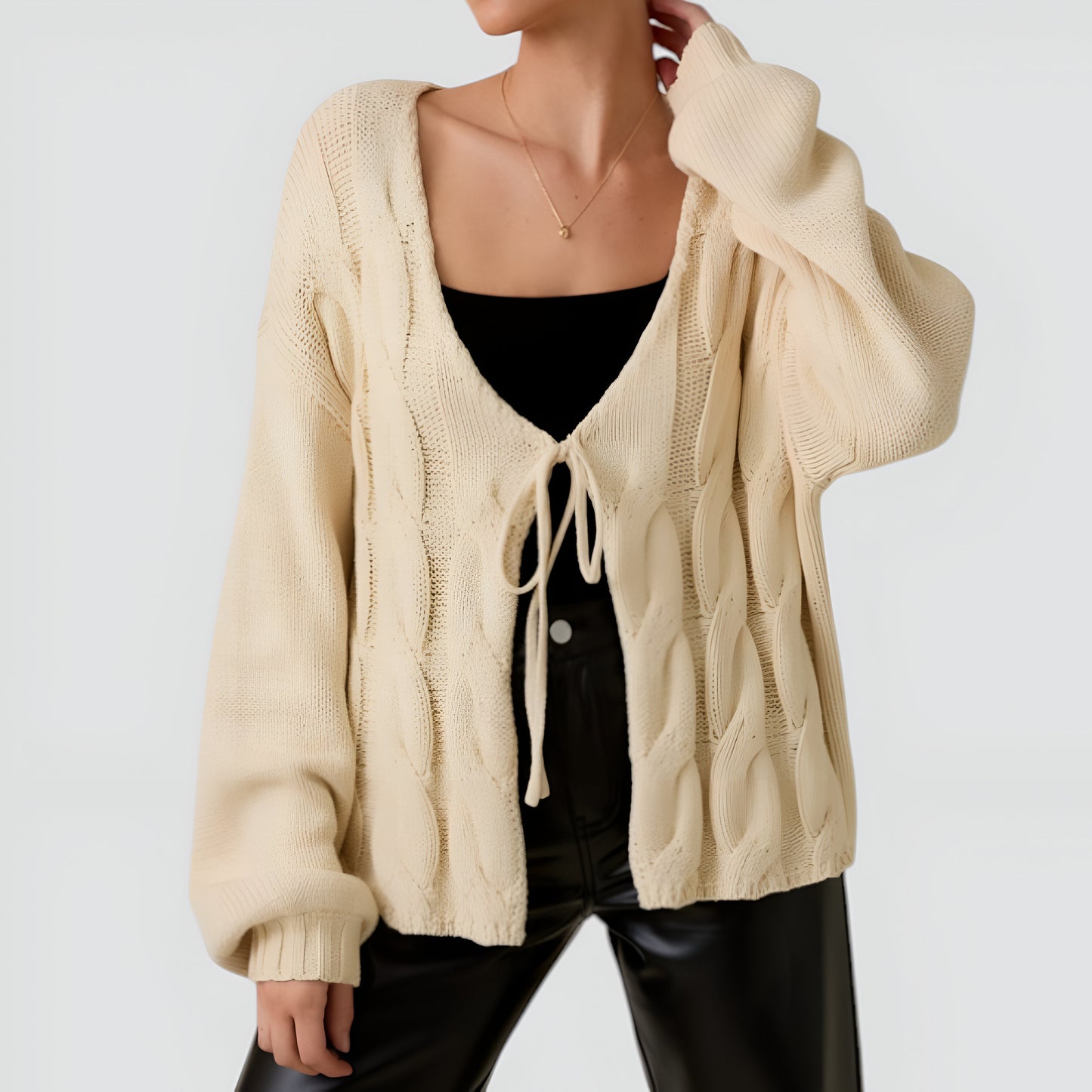 Long Sleeve Cable Knit Tie-Front Cardigan Sweater