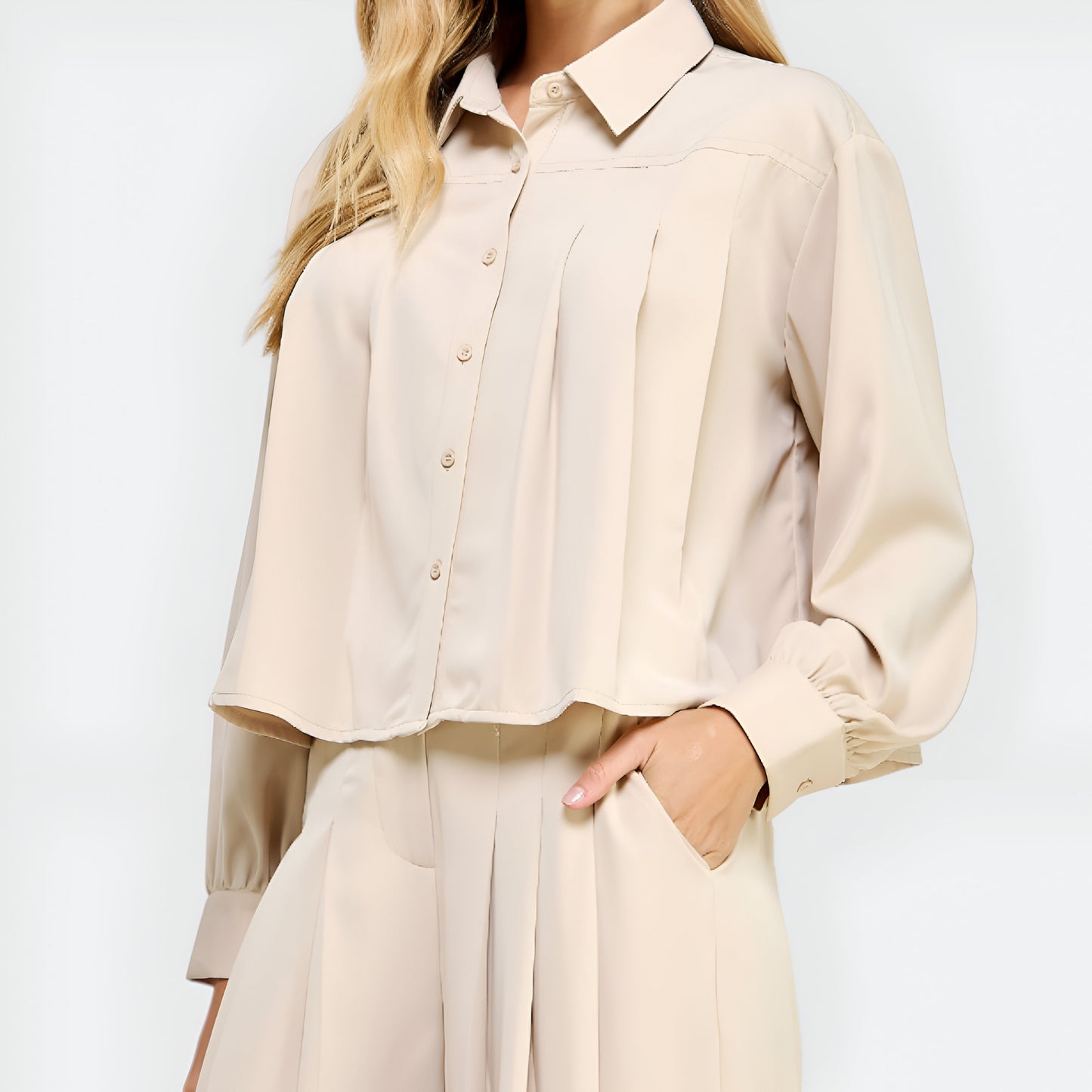 Button-Front Collared Blouse with Boxy Silhouette and Long Cuffed Sleeves