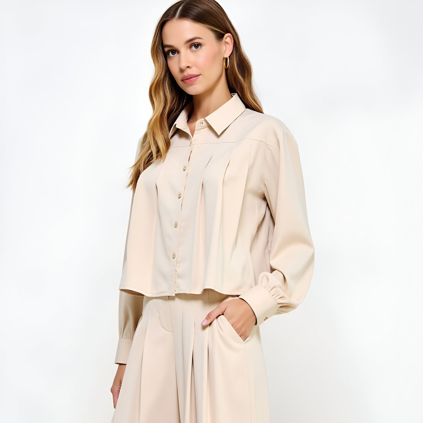 Button-Front Collared Blouse with Boxy Silhouette and Long Cuffed Sleeves