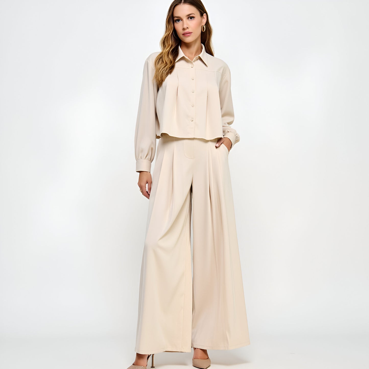 Button-Front Collared Blouse with Boxy Silhouette and Long Cuffed Sleeves