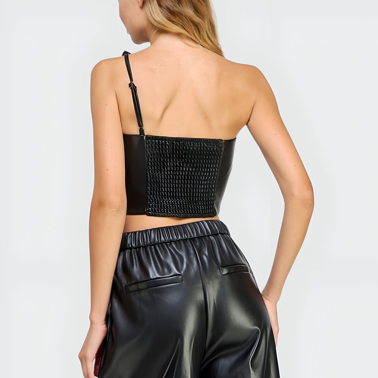 Faux Leather Top with Oversized Statement Bow Front Detail