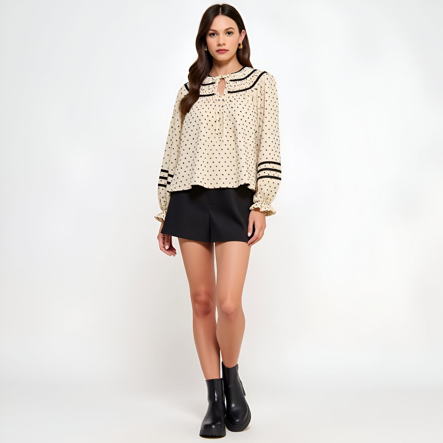Polka Dot Blouse with Contrast Trim, Ruffled Cuffs and Tie Neckline