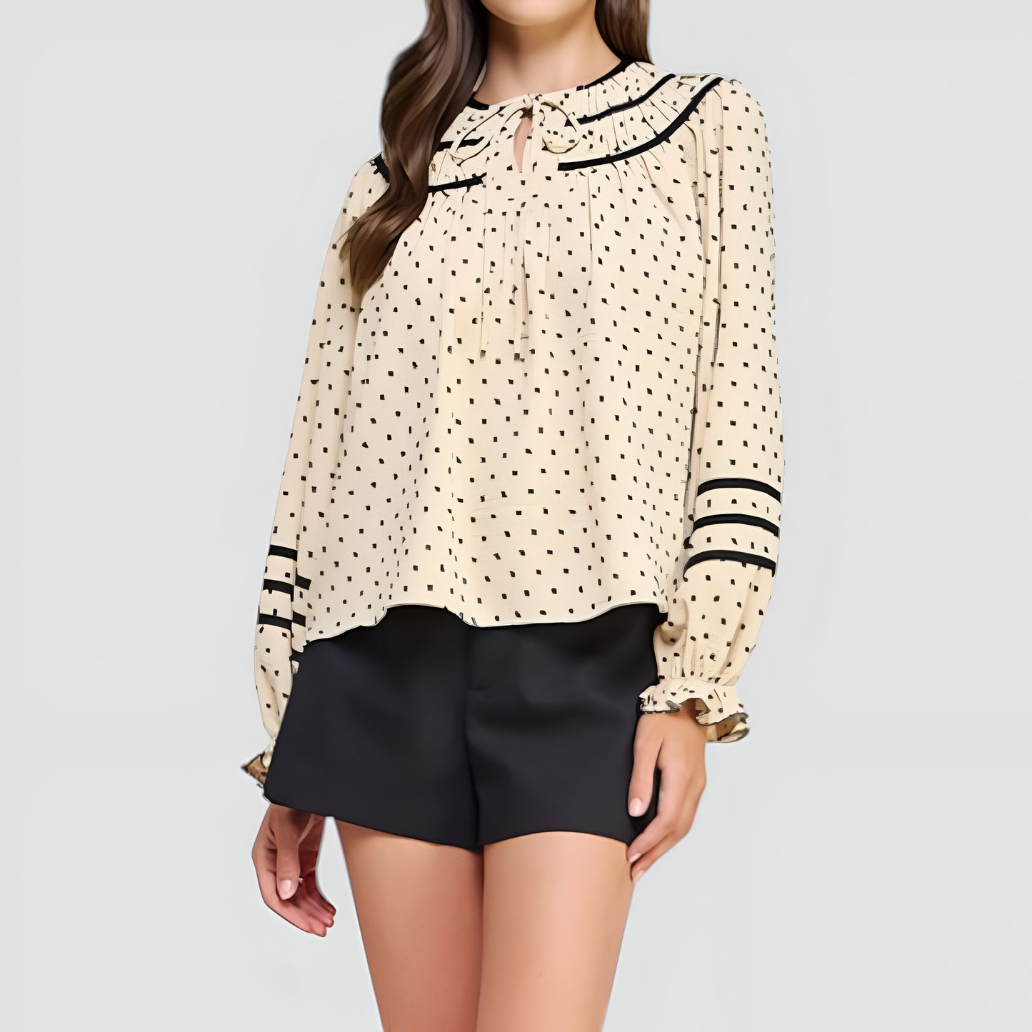 Polka Dot Blouse with Contrast Trim, Ruffled Cuffs and Tie Neckline