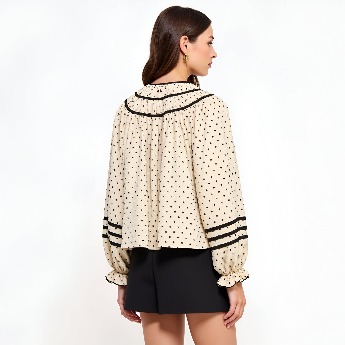 Polka Dot Blouse with Contrast Trim, Ruffled Cuffs and Tie Neckline