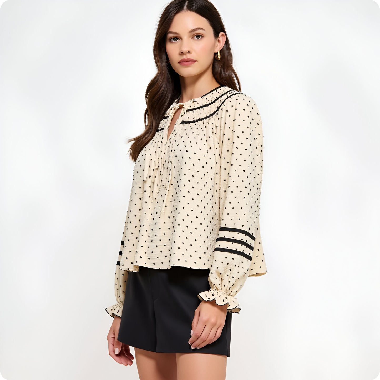 Polka Dot Blouse with Contrast Trim, Ruffled Cuffs and Tie Neckline