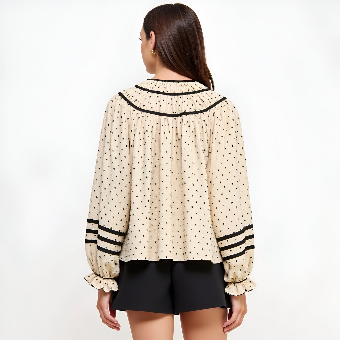 Polka Dot Blouse with Contrast Trim, Ruffled Cuffs and Tie Neckline