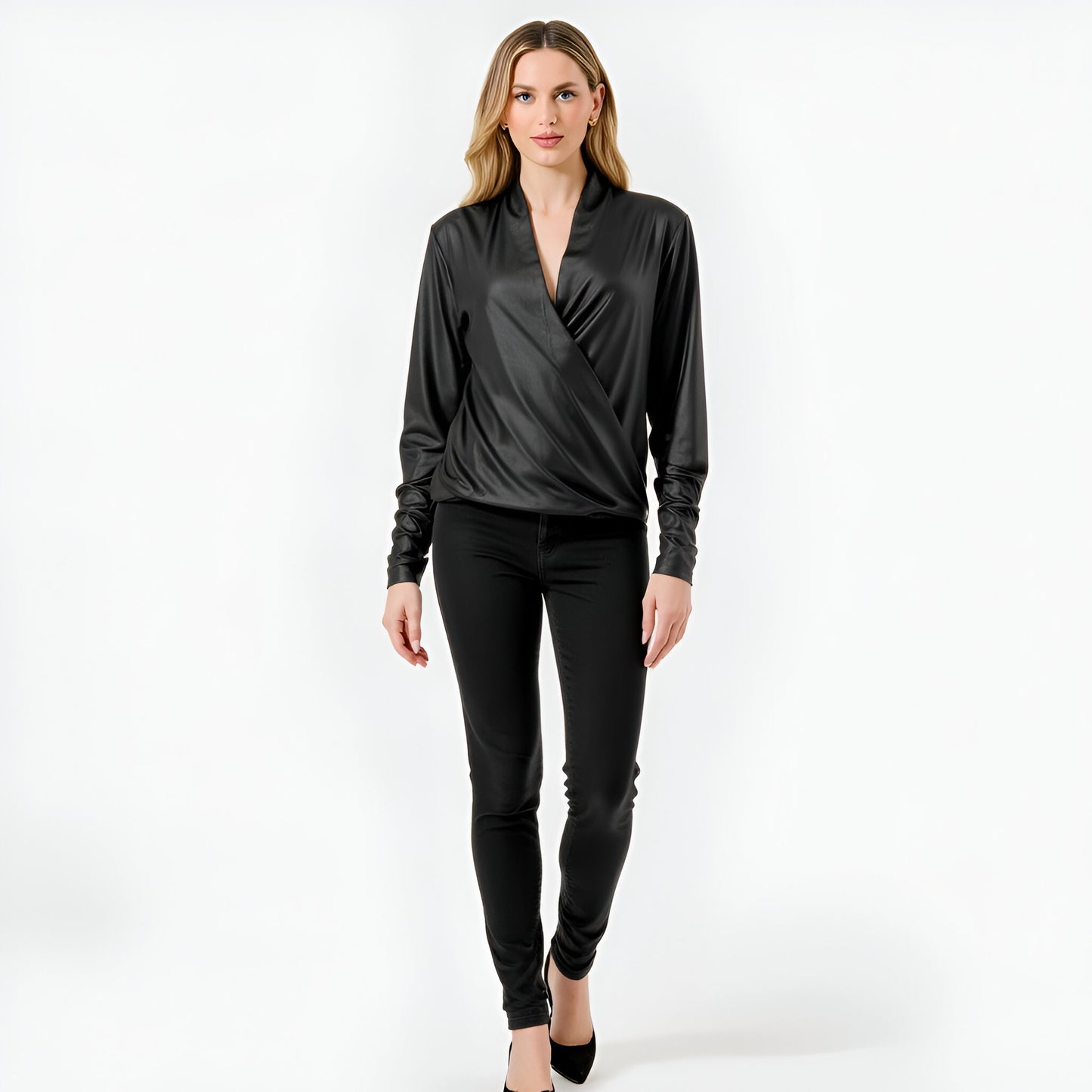 Draped Satin Long Sleeve Surplice Blouse with Deep V-Neckline