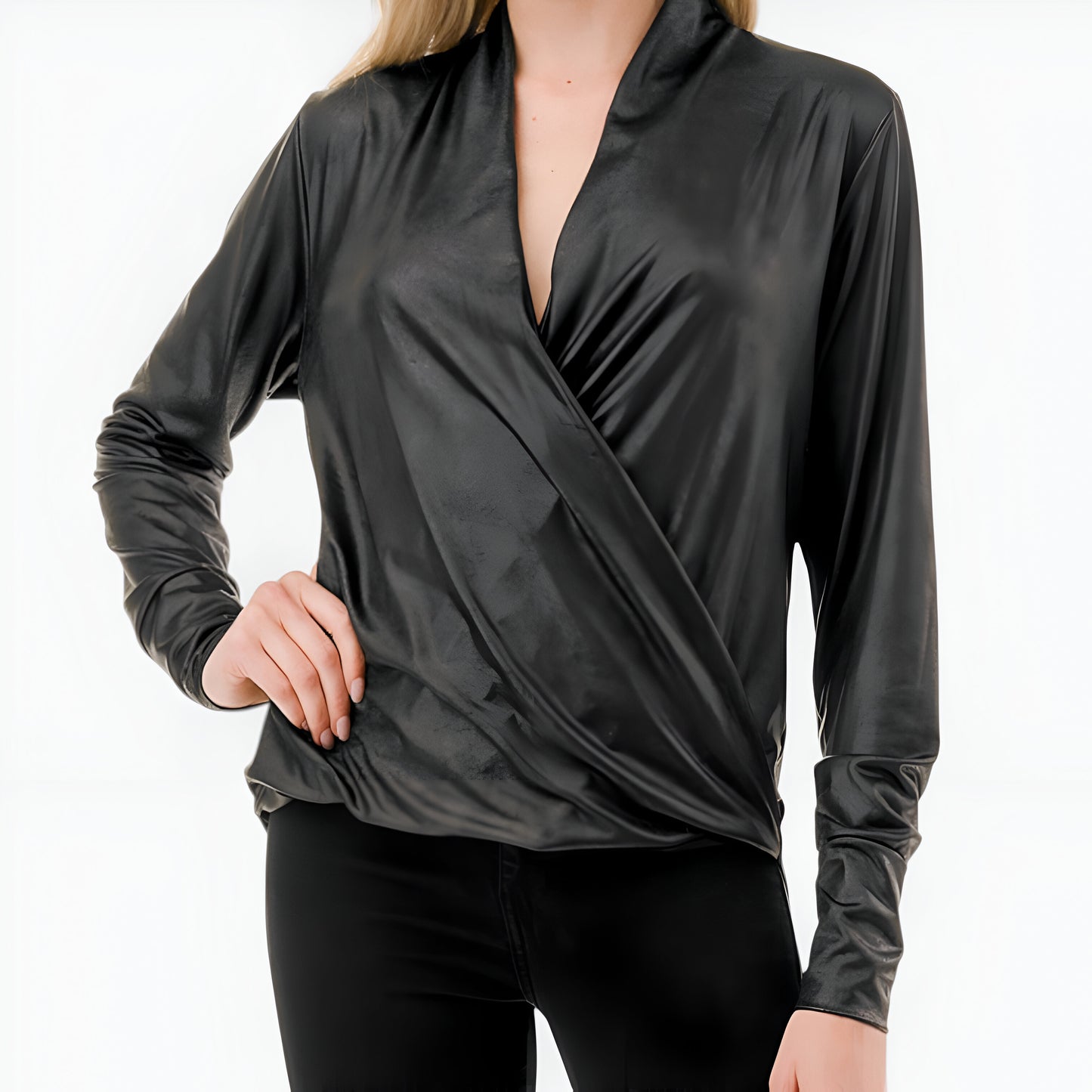 Draped Satin Long Sleeve Surplice Blouse with Deep V-Neckline