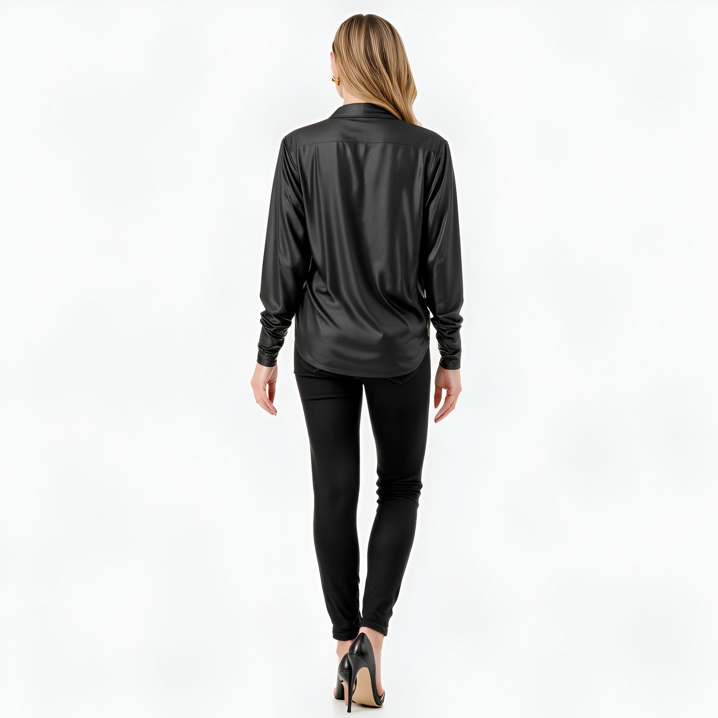 Draped Satin Long Sleeve Surplice Blouse with Deep V-Neckline
