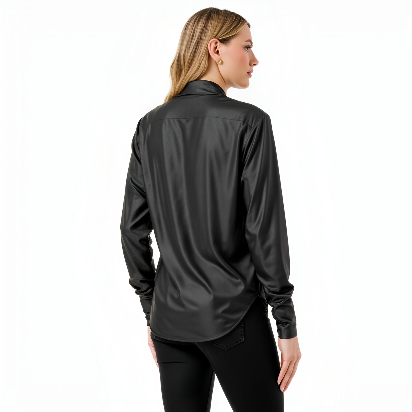 Draped Satin Long Sleeve Surplice Blouse with Deep V-Neckline