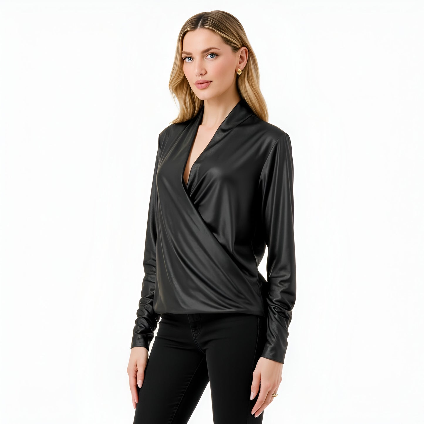 Draped Satin Long Sleeve Surplice Blouse with Deep V-Neckline