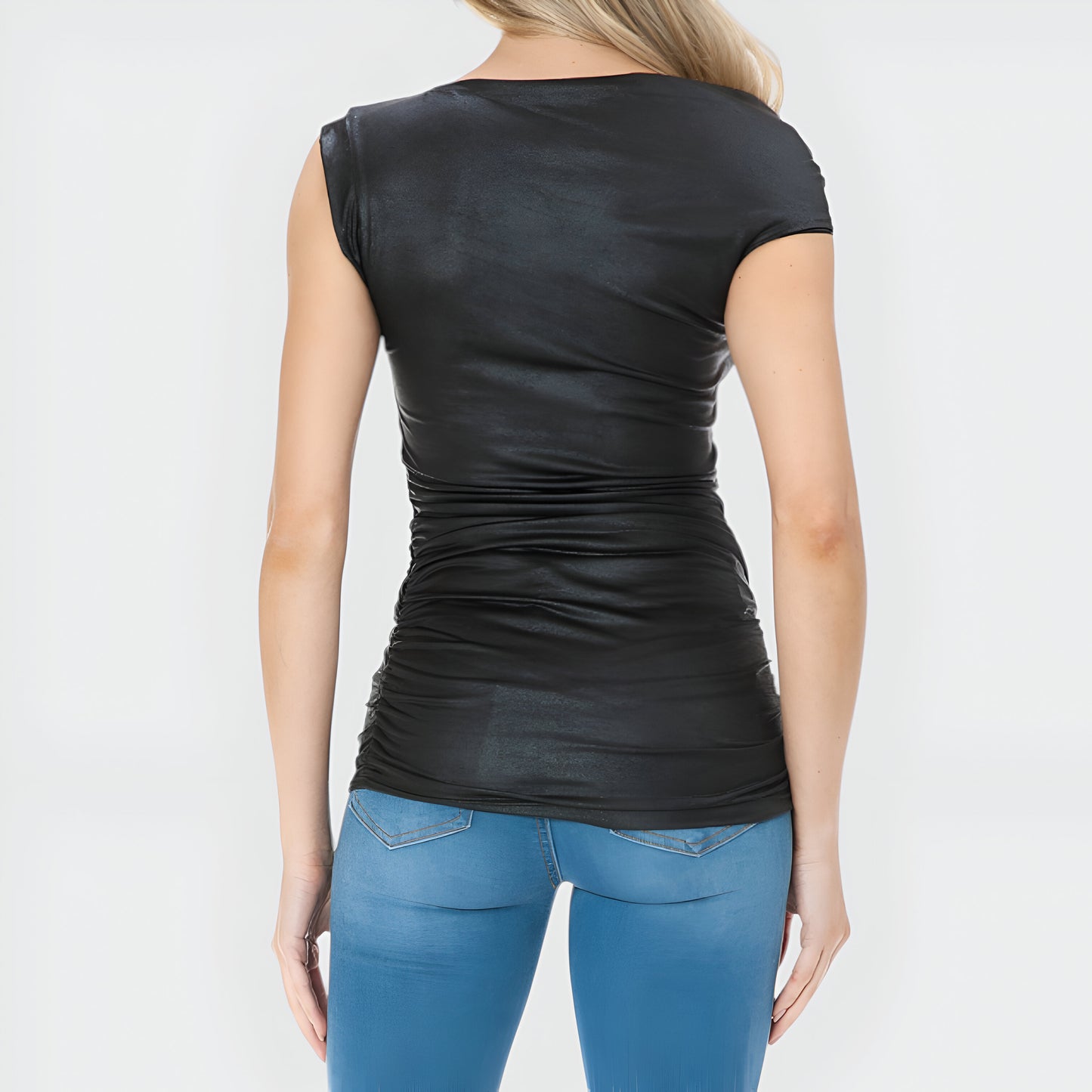Faux Leather One-Shoulder Top with Asymmetric Neckline and Gathered Detail