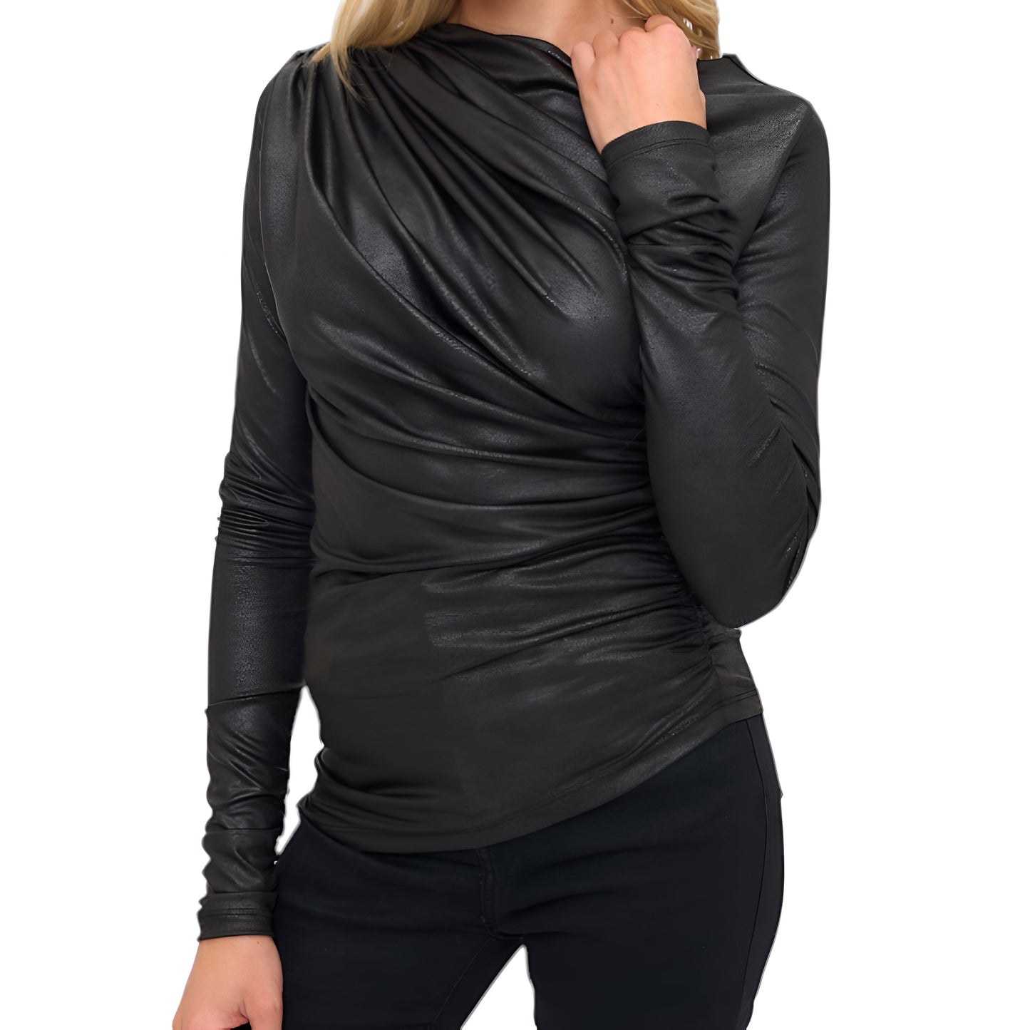 Asymmetrical Faux Leather Long Sleeve Top with Draped Detailing