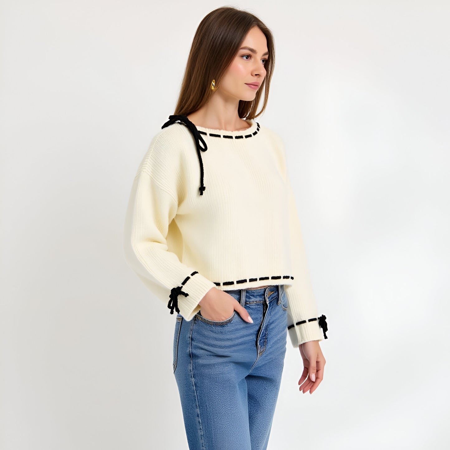 Contrast Tie Detail Knit Sweater with Scalloped Boat Neck and Cropped Hem