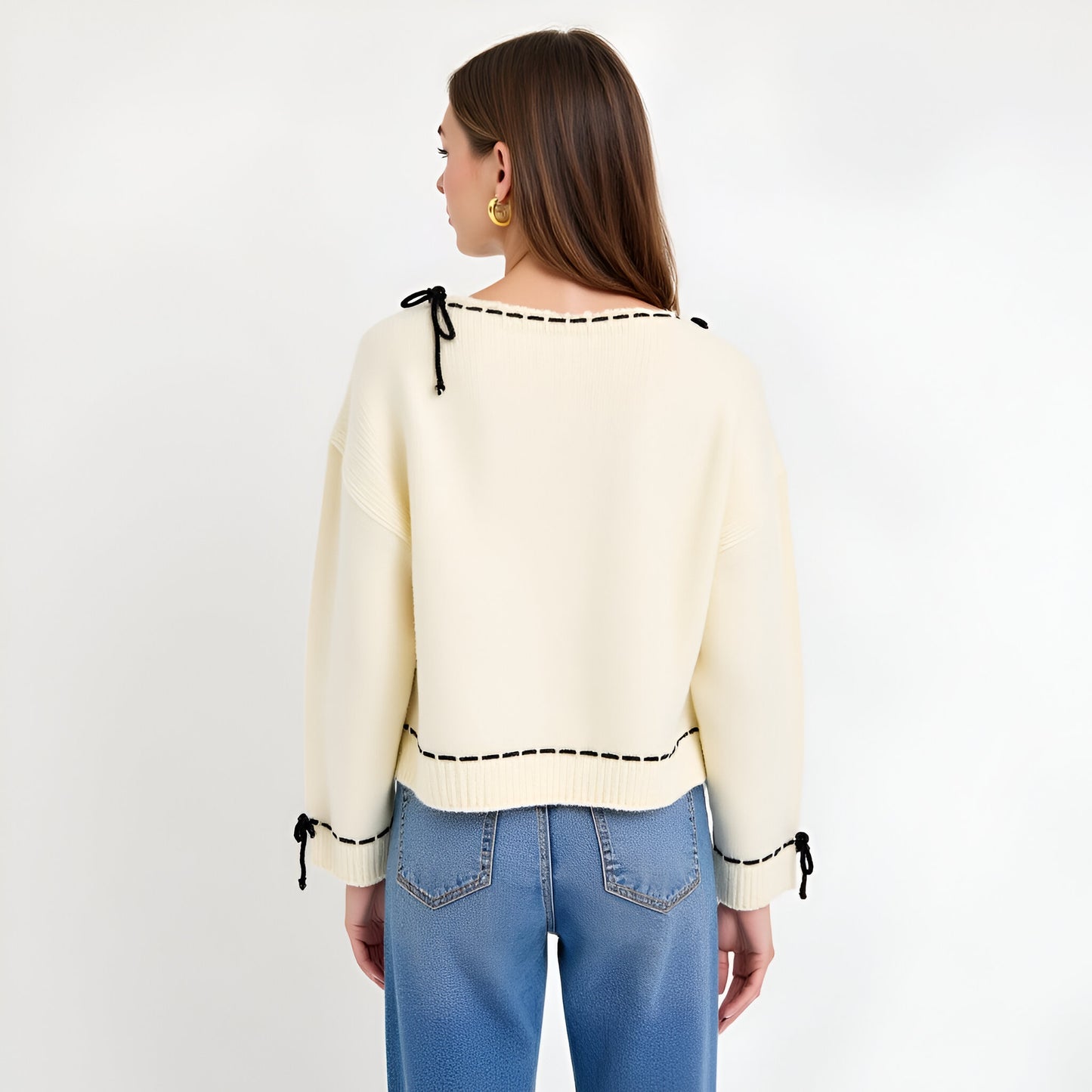 Contrast Tie Detail Knit Sweater with Scalloped Boat Neck and Cropped Hem