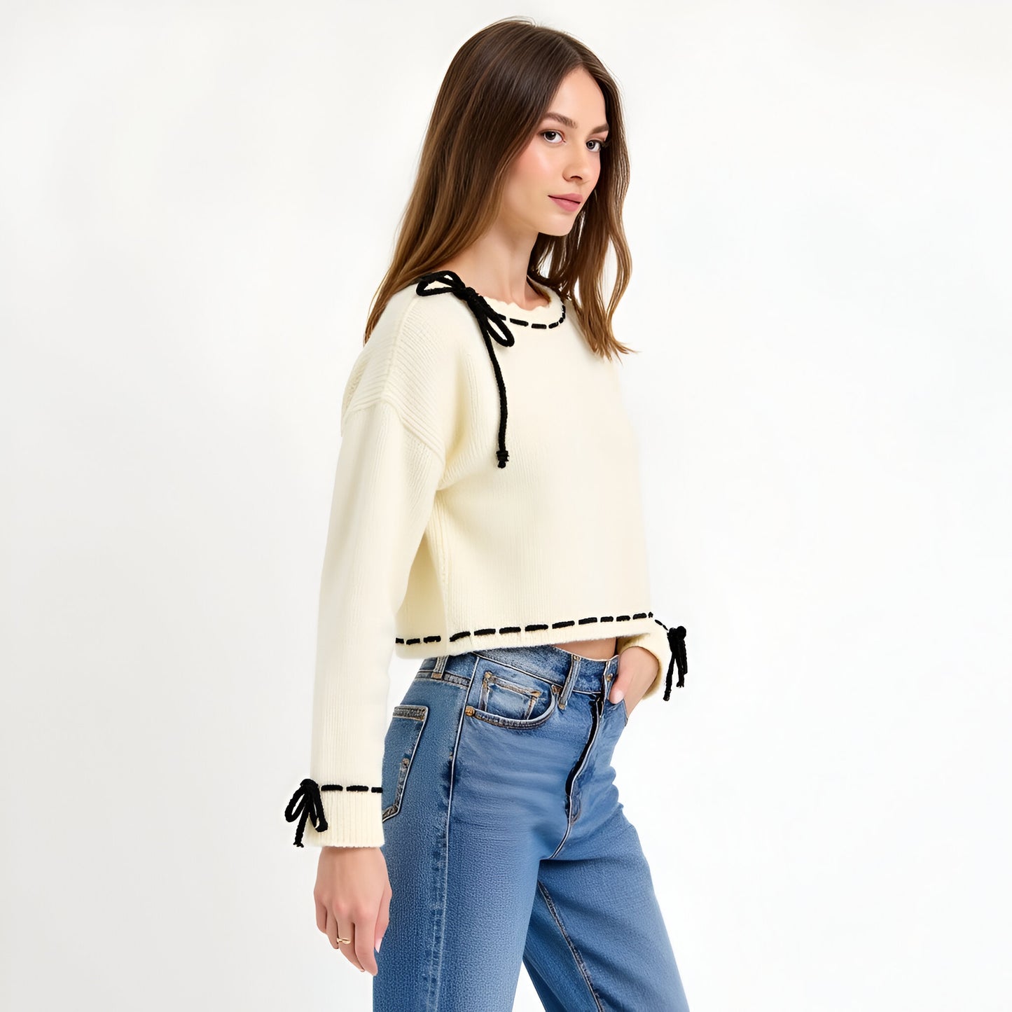 Contrast Tie Detail Knit Sweater with Scalloped Boat Neck and Cropped Hem