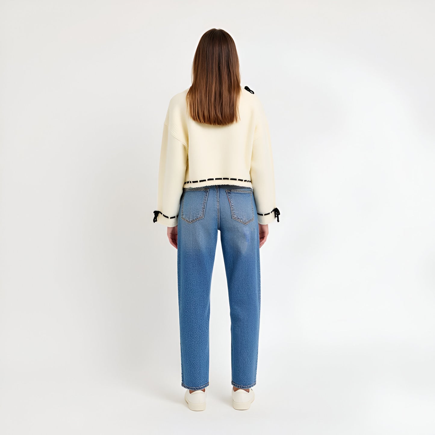 Contrast Tie Detail Knit Sweater with Scalloped Boat Neck and Cropped Hem