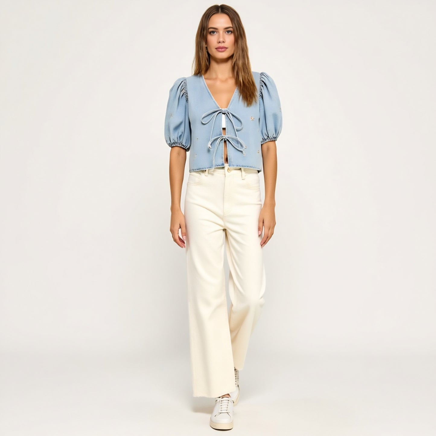 Embroidered Bow Puff Sleeve Top with Front Tie Detail and V-Neckline