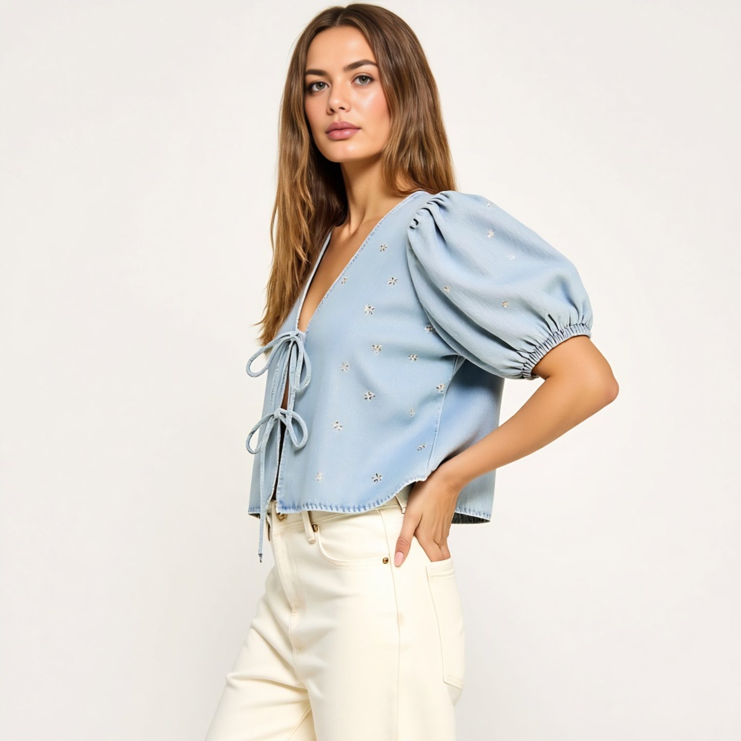 Embroidered Bow Puff Sleeve Top with Front Tie Detail and V-Neckline