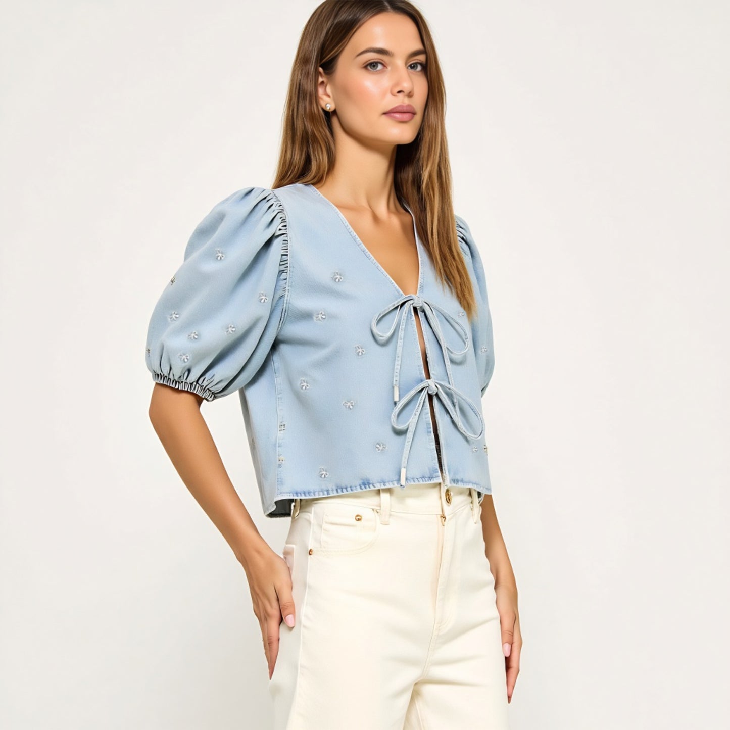 Embroidered Bow Puff Sleeve Top with Front Tie Detail and V-Neckline