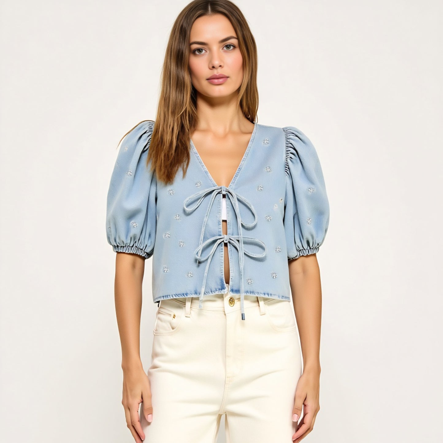 Embroidered Bow Puff Sleeve Top with Front Tie Detail and V-Neckline